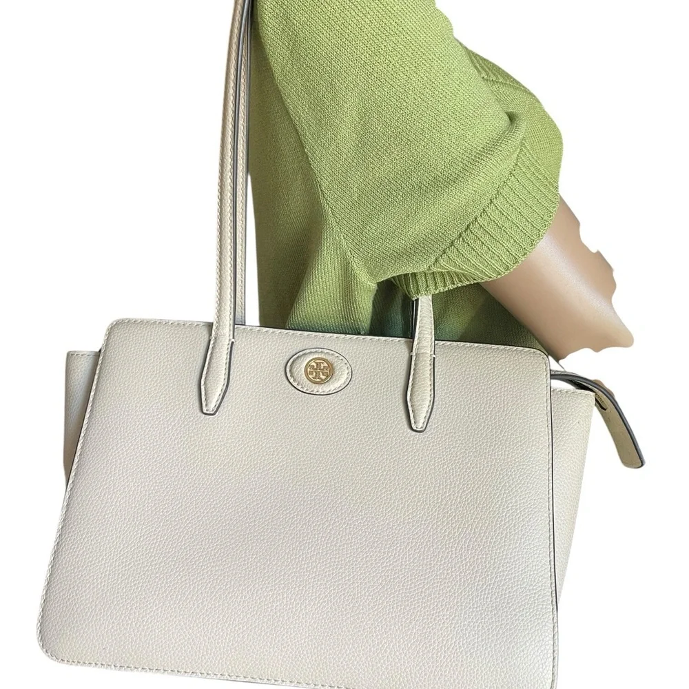 TORY BURCH Small Robinson Pebble Leather Tote in New Cream